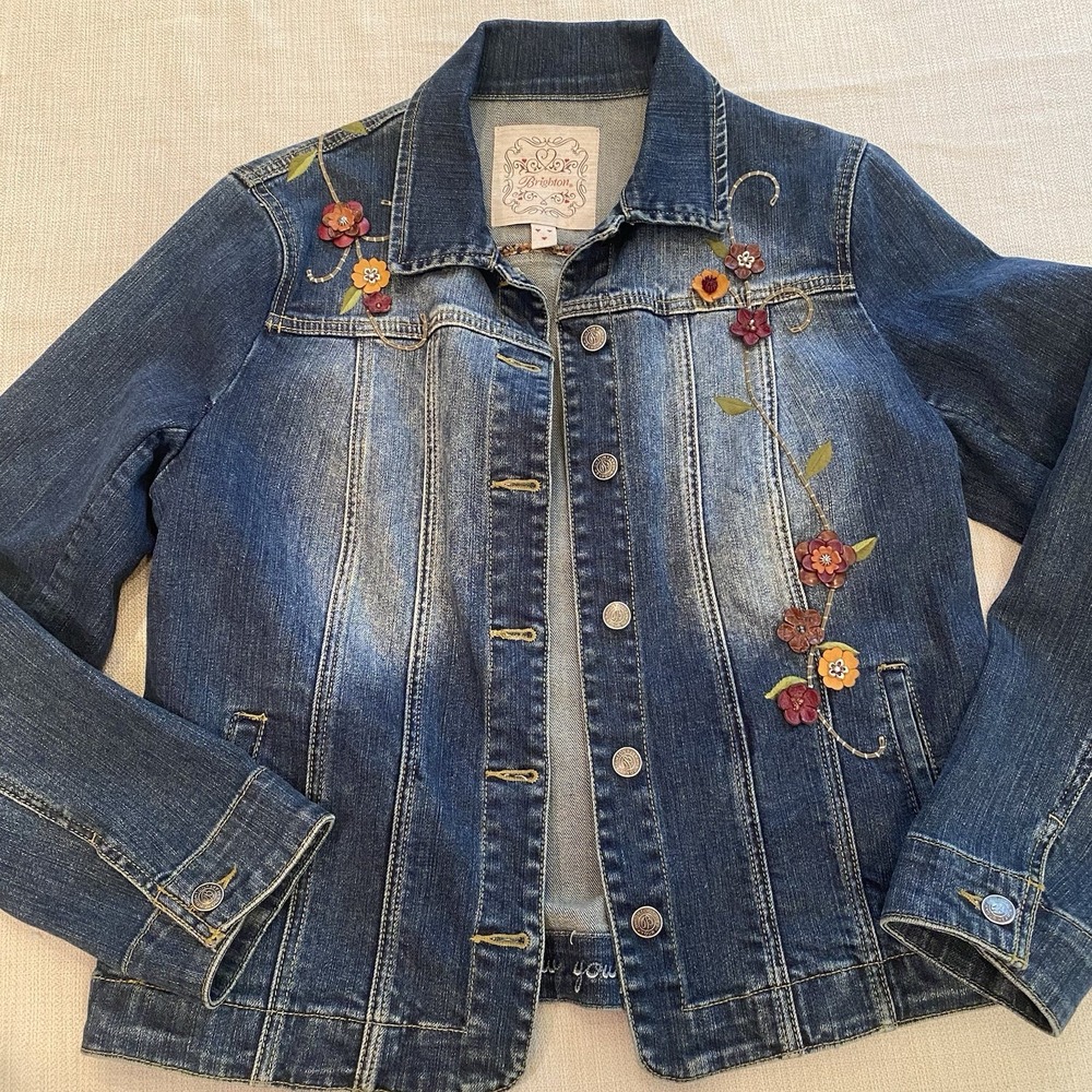 Brighton Denim Jacket with Applied Leather Flowers Size Small Vintage